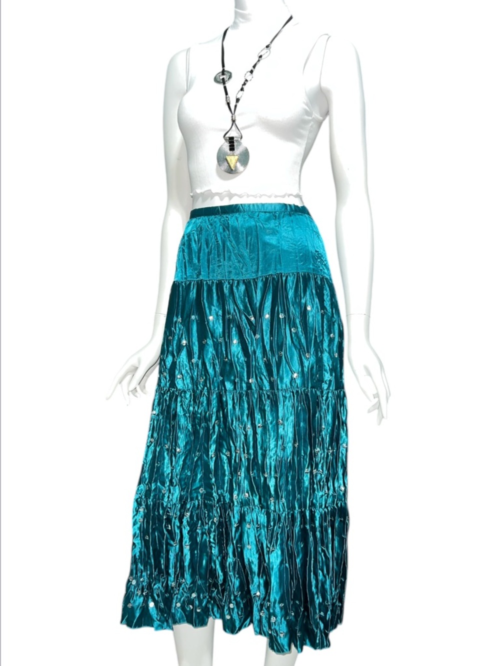 VINTAGE Y2K Avenue Of The Stars Teal Satin Embellished Midi Skirt Whimsigoth MED - Picture 3 of 12
